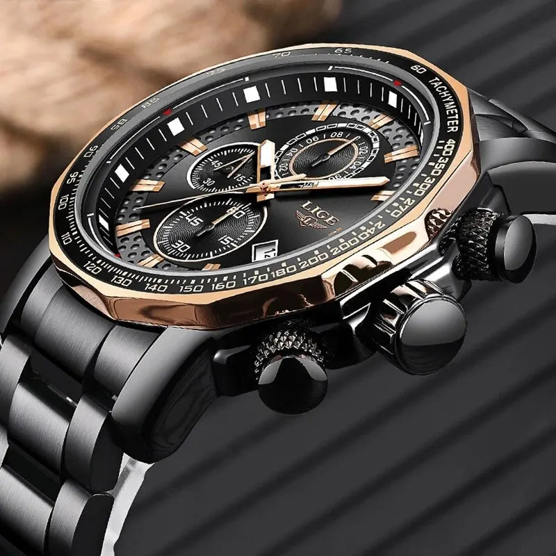 "LIGE New Men's Sport Chronograph Watch - Top Brand Luxury, Full Steel Quartz, Waterproof, Large Dial Design"