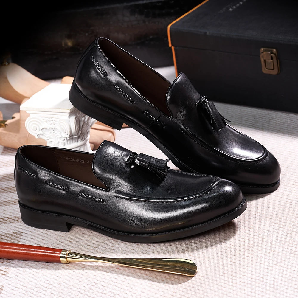 Classic Men's Tassel Loafers - Genuine Leather, Handmade Slip-On, Comfortable Casual Dress Shoes"