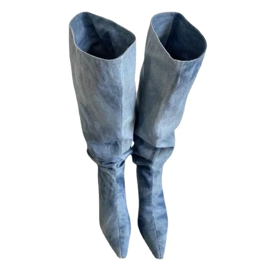 Slip on Kitten Heel Pleated Classic Denim Boots Over The Knee Boots Woman Knee High Boots