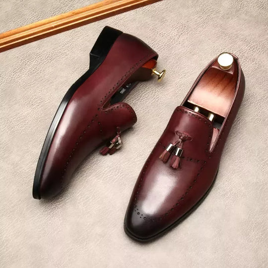 "Black Genuine Leather Tassel Loafers: Stylish Luxury Dress Shoes for Men, Perfect for Formal Events and Everyday Elegance"