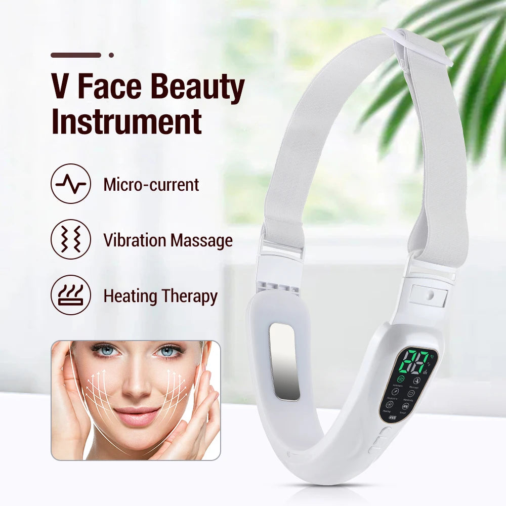 Heated EMS Microcurrent Facial Toning Device: Slimming Face Massager, Double Chin Eliminator & V-Line Lifting Belt for Jaw Sculpting