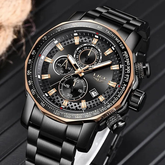 "LIGE New Men's Sport Chronograph Watch - Top Brand Luxury, Full Steel Quartz, Waterproof, Large Dial Design"