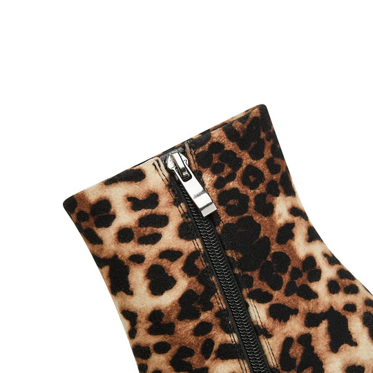 2024 New Leopard Print Pointed Toe High Heel Wolf Teeth Slope Heel Large Women's Boots Short Boots