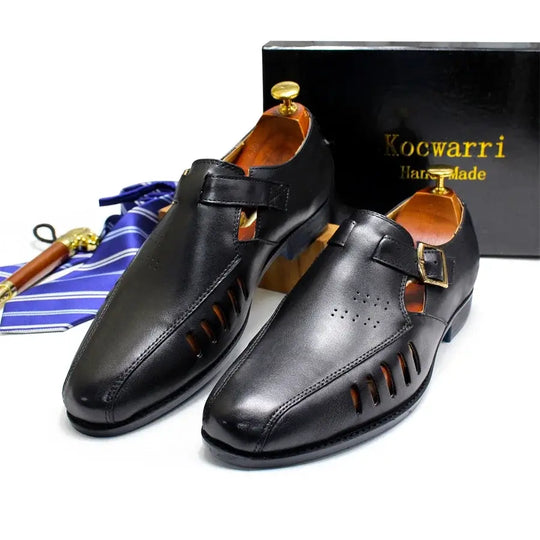 Men's Leather Snake Pattern Sandals with Hollow Design, Casual Dress Shoes with Metal Button – Ideal for Office Wear"