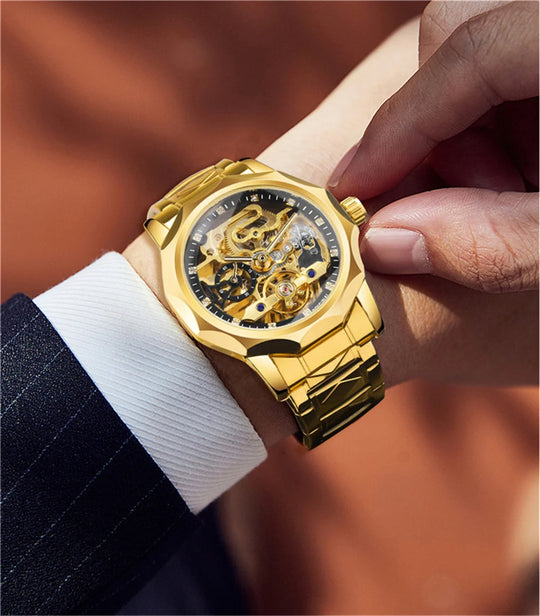 Forsining  Luxury Design Skeleton Transparent Golden Stainless Steel Men's Automatic Mechanical Watch