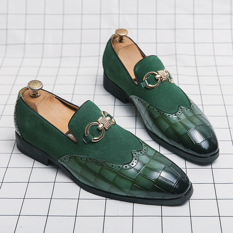 Autumn Green Loafers, Men Slip-on Nubuck Leather Pointed Toe Dress Shoes