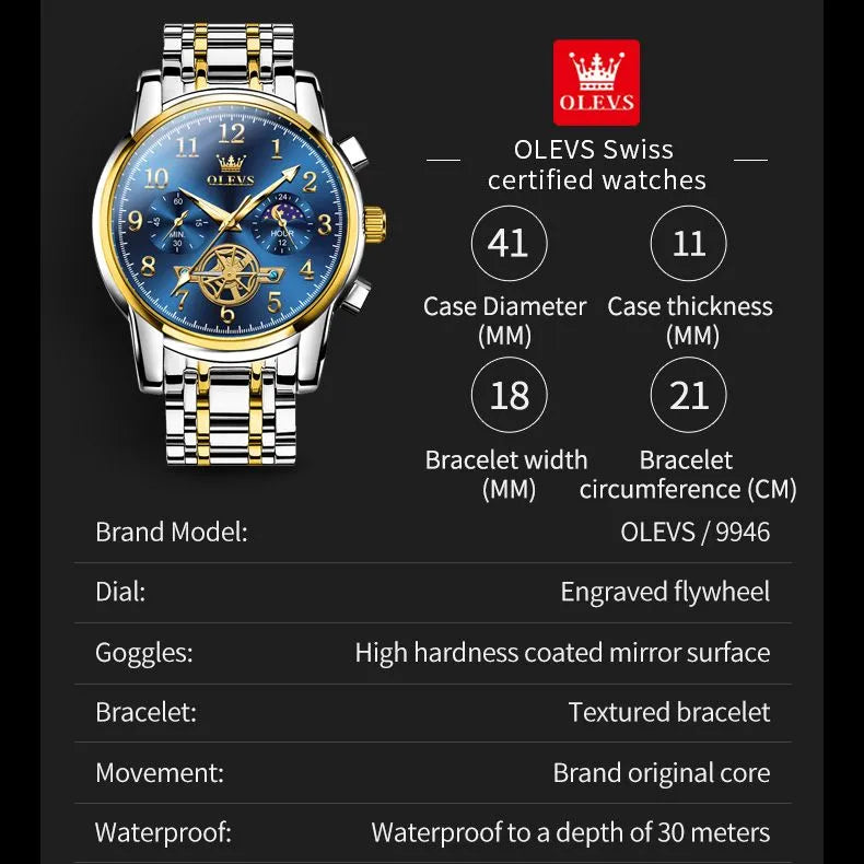 OLEVS Moon Face Watch Men Stainless Steel Waterpoof Luminous  Fashion  Chronograph Quartz Wrist Watch for Men NEW