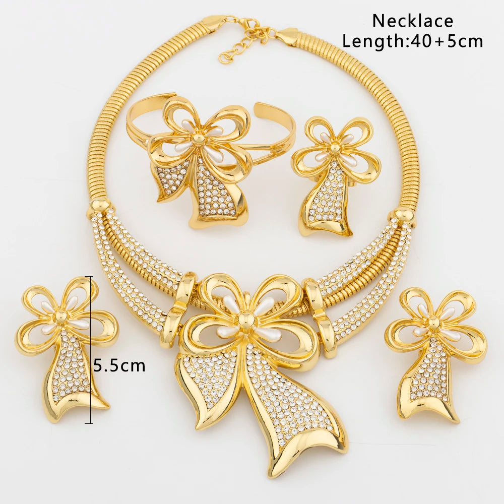 New Jewelry Set Woman Zircon Bowknot Pendant Necklace Drop Earring 18K Gold Plated Bracelet Rings Banquet Wedding Party Jewelry