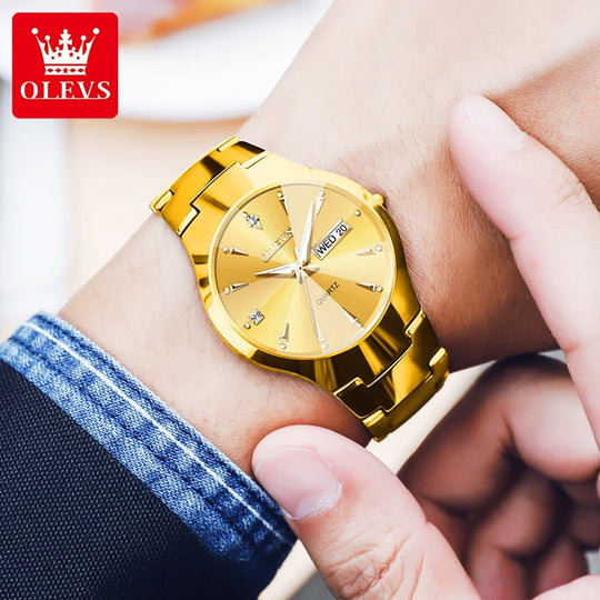 "OLEVS Men's Original Quartz Watch - Rhombus Mirror, Tungsten Steel Strap, Luminous, Waterproof, Date Display"