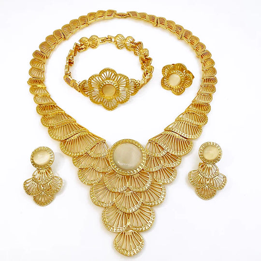 Dubai Women Jewelry Set Nigeria Africa Fashion Jewelry 18K Gold Plated Vintage White Stone Set Necklace Earring Bracelet Ring