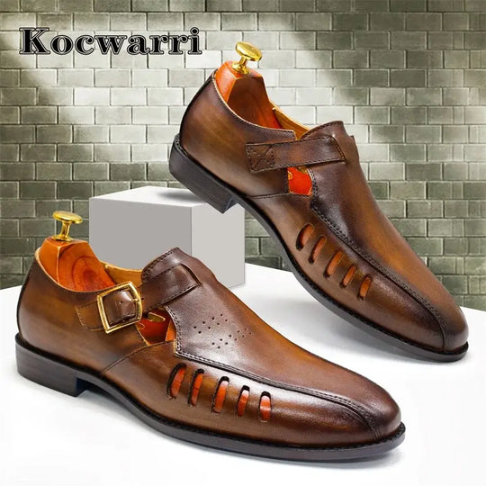 Men's Leather Snake Pattern Sandals with Hollow Design, Casual Dress Shoes with Metal Button – Ideal for Office Wear"