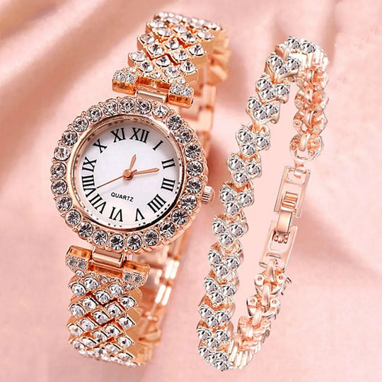 "2024 Women's Watch Set -  Luxury Brand, Watch and Bracelet Combo, Diamond and Rose Band"