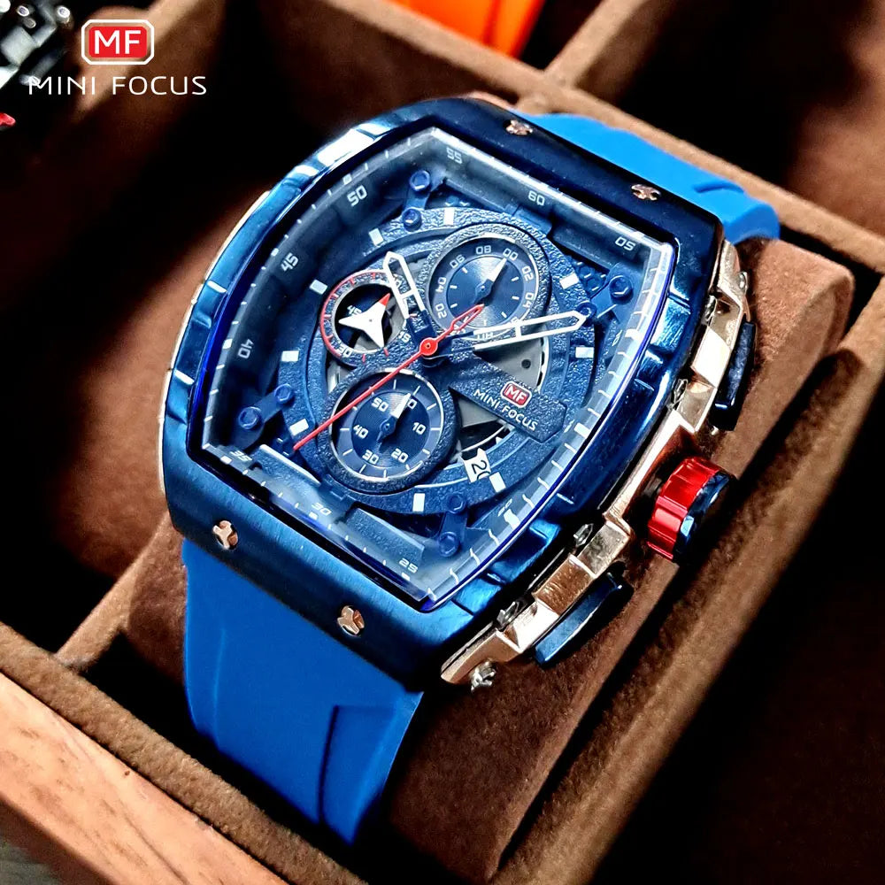 MINI FOCUS Sport Chronograph Quartz Watch for Men Fashion Blue Silicone Strap Tonneau Dial Wristwatch  Waterproof