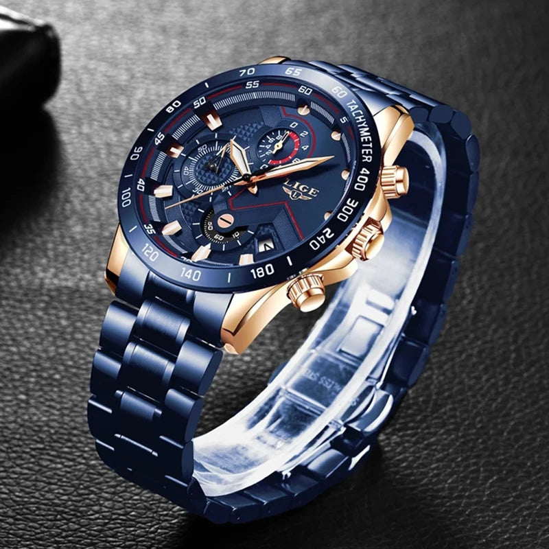 "2024 LIGE Men's Fashion Watch - Stainless Steel, Luxury Brand, Sport Chronograph Quartz, Elegant Design"