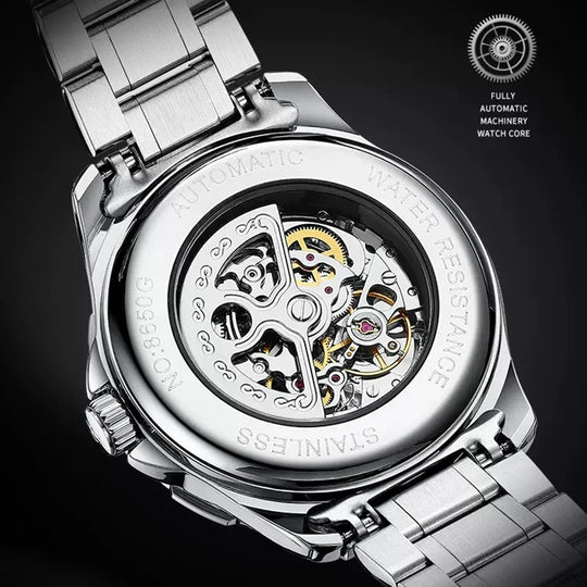 "AILANG Men's Skeleton Mechanical Watch - Stainless Steel, Waterproof, Top Brand Luxury, Sporty Automatic Wristwatch"