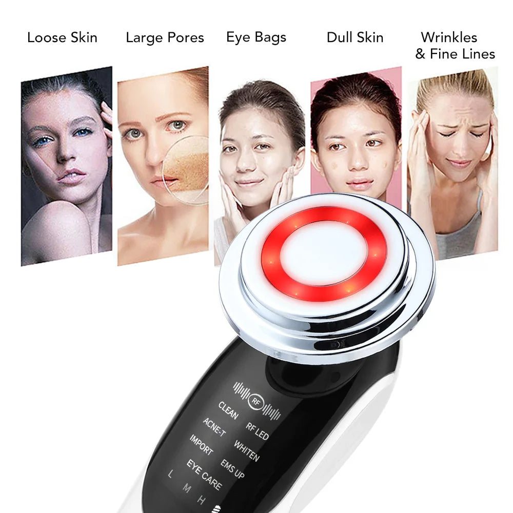 "7-in-1 RF Microcurrent LED Facial Massager: Skin Rejuvenation, Anti-Aging Wrinkle Reduction, and Light Therapy Face Lift Beauty Device"