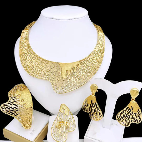 Italy 18k Gold Plated Jewelry Set, Luxury Design Women Necklace Dubai Jewelry Big Earring Bangle B