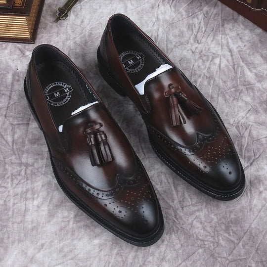 Men's Loafers in Black and Brown, Genuine Leather with Handmade Slip-On Design, Formal Dress Shoes with Luxury Tassels, Brogue Style