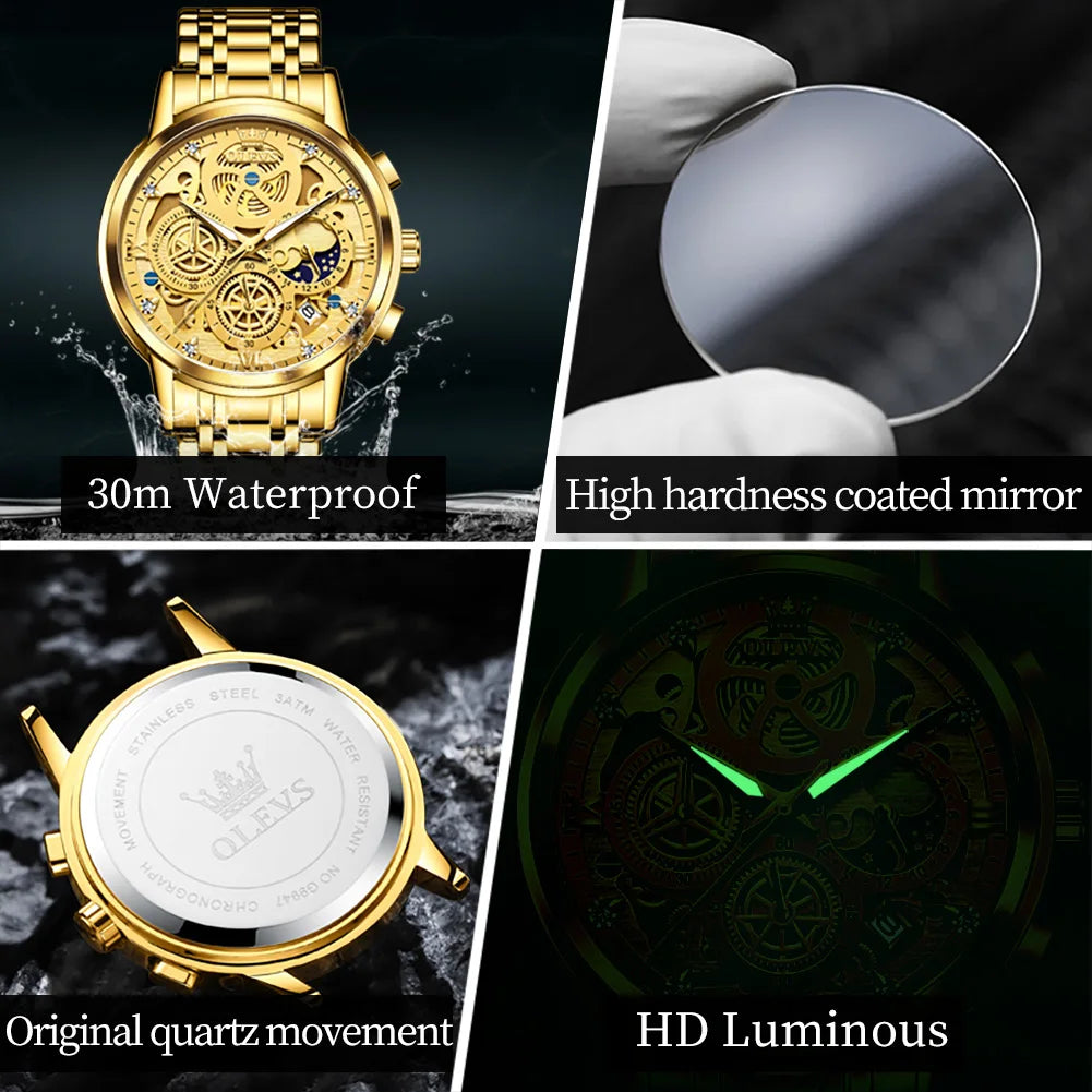 OLEVS Men's Watches Top Brand Luxury Original Waterproof Quartz Watch for Man Gold Skeleton Style 24 Hour