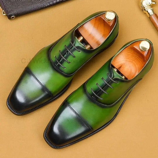 High-Quality Genuine Leather Men's Oxford Shoes, Classic Dress Style, Brown and Green Lace-Up with Square Head, Formal Brogue Footwear