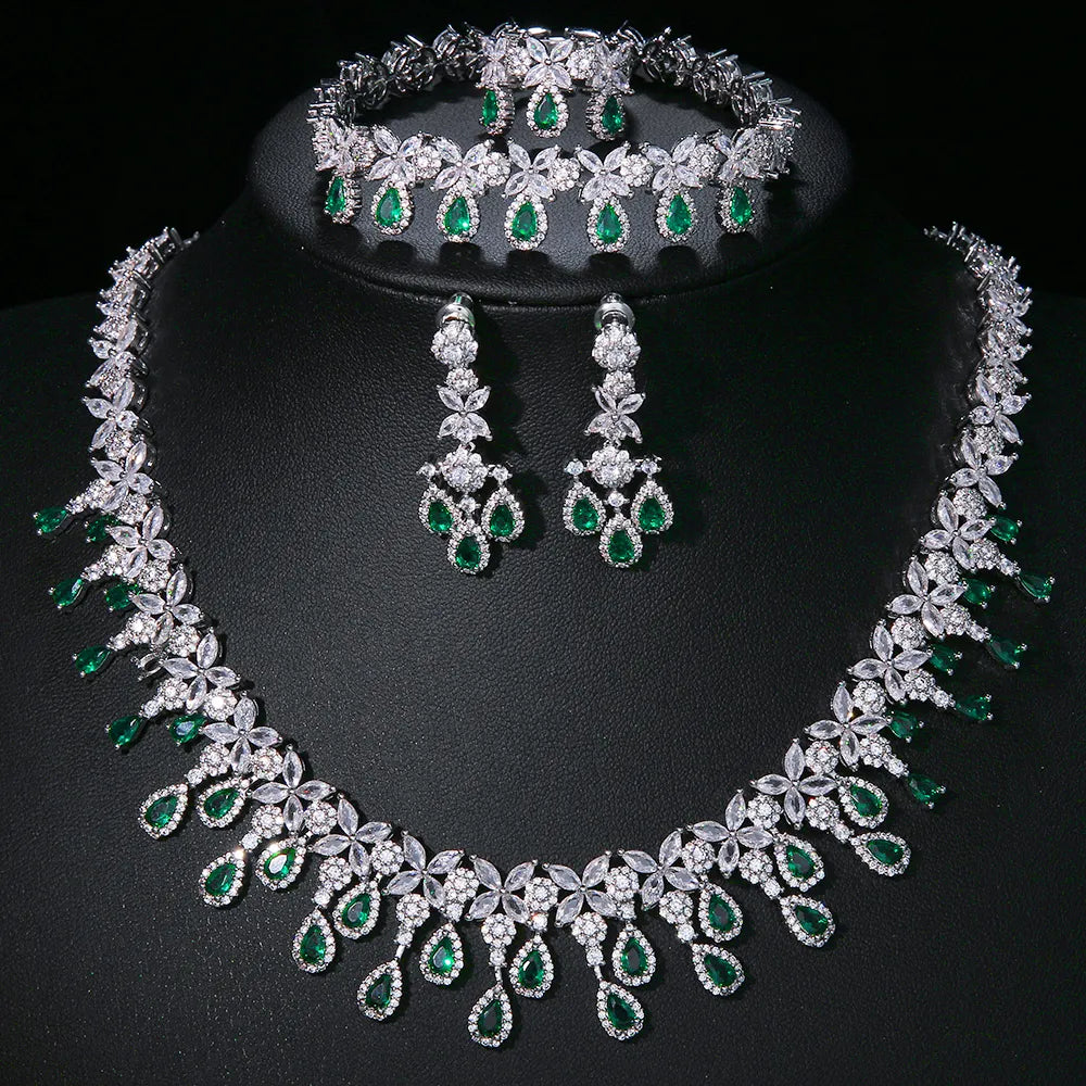 Red Vintage Necklace Earring Bracelet Set Zirconia Green Trendy Bridal Wedding Party Jewelry Suit For Women