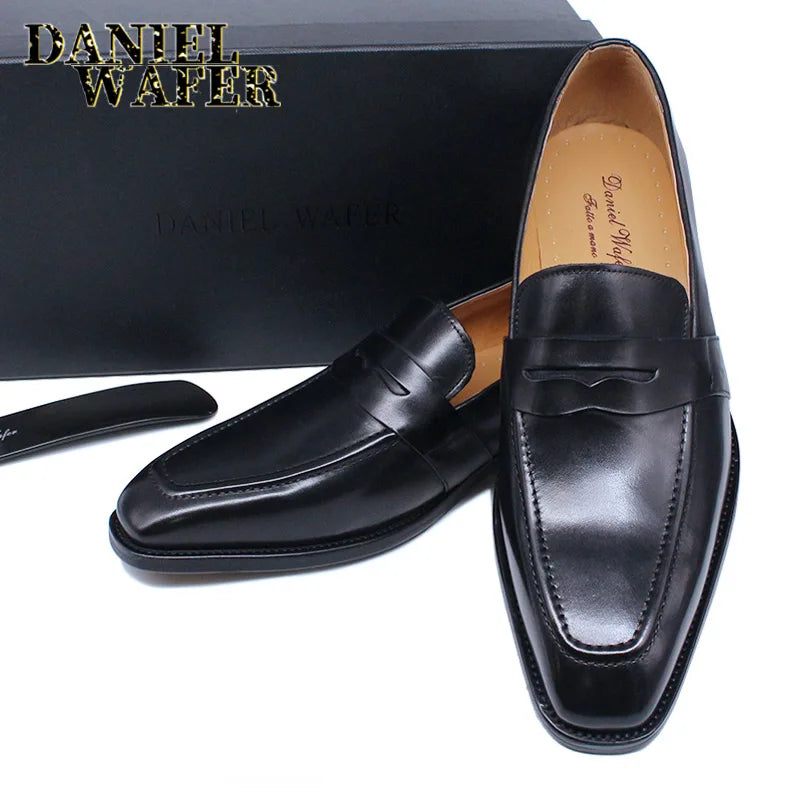 Men's Penny Loafers, Genuine Leather Slip-On, Red and Black Casual Business Dress Shoes, Fashionable Office Footwear