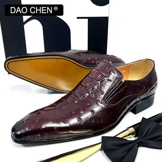 MEN'S GENUINE ITALIAN LEATHER RED WINE CROCODILE SLIP ON MEN'S DRESS SHOES