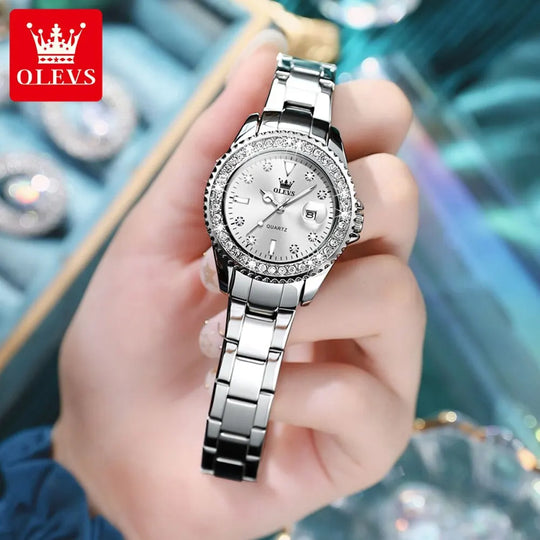 "OLEVS Women's Quartz Watch - Original Diamond Dial, Fashionable and Elegant, Stainless Steel, Waterproof Wristwatch for Ladies"