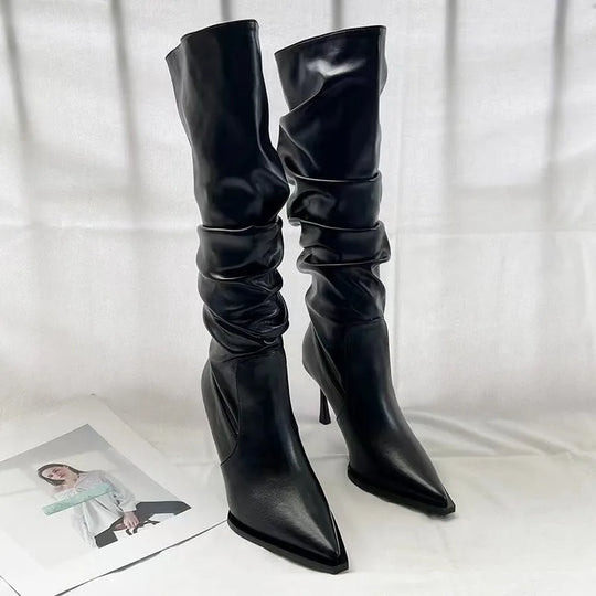 "Elegant Women's High Knee Boots: Fashionable Pointed Toe with Stiletto Heel - Chic and Sexy Ladies' Long Boots