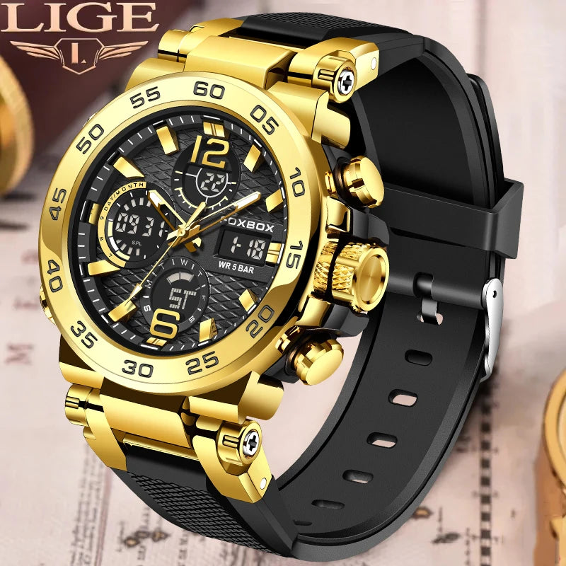 LIGE New Digital Watches For Men FOXBOX Top Luxury Dual Display Watch Men Fashion LED Display Clock Male Chronograph Wristwatch