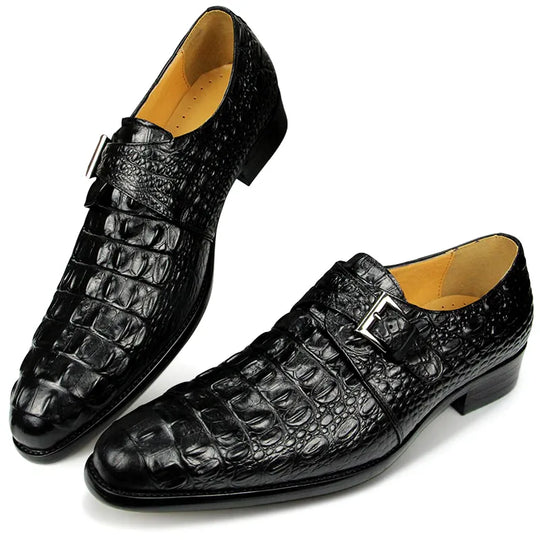 Men's Elegant Leather Oxford Dress Shoes with Crocodile Pattern, Italian-Inspired Strap Monk Loafer Design