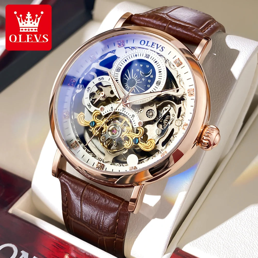 "OLEVS Luxury Men's Mechanical Watch - Moon Face, Dual Time Zone, Waterproof, Automatic Skeleton, Top Brand"