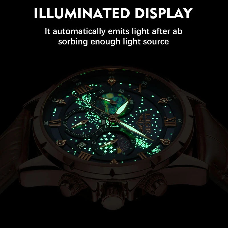 "LIGE Men's Casual Sport Watch - Luxury Waterproof, Date Display, Luminous Chronograph, Quartz Movement, Leather Strap"