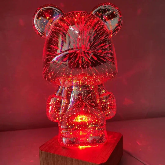 RGB Glass Firework Bear Night Light: 3D Atmosphere with Dimming Feature, Romantic Bedroom USB LED Table Lamp Projector for Living Room Decor