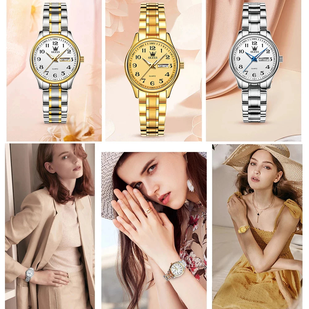 "OLEVS Women's Wristwatch 2022 - Original Luxury, Waterproof Stainless Steel, Quartz, Gold, Trendy Design for Ladies"