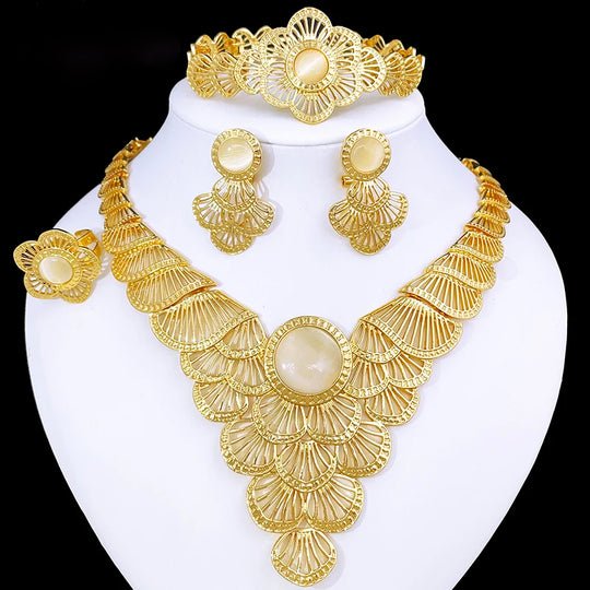 Dubai Women Jewelry Set Nigeria Africa Fashion Jewelry 18K Gold Plated Vintage White Stone Set Necklace Earring Bracelet Ring