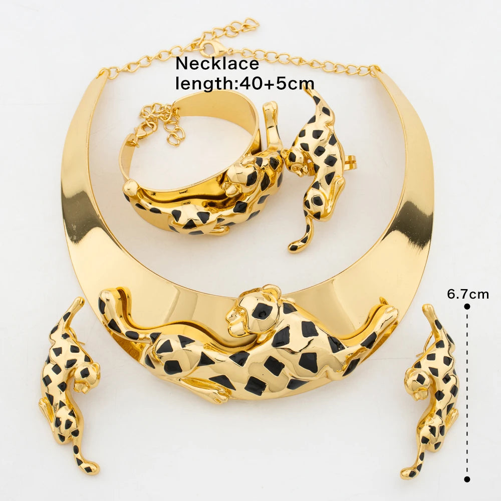 Woman Jewelry Set African Fashion Leopard Necklace Earrings 18K Gold Plated Animal Shape Bracelet Ring Copper Dubai Jewelry Gift