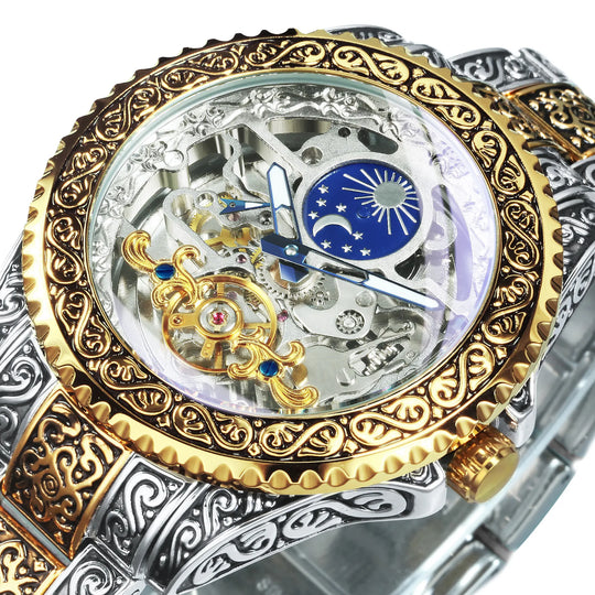 "Forsining Men's Automatic Tourbillon Watch - Mechanical Skeleton, Top Brand Luxury, Engraved Vintage Design, Moon Phase, Steel Construction"