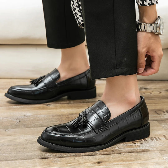 Men's Formal Crocodile Leather Loafers with Tassel, Casual Dress Shoes