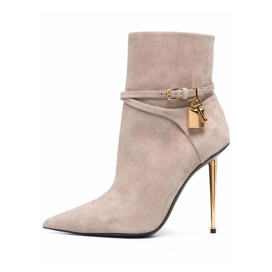 Women Sexy Metal Lock Decorate Solid Color Ankle Boots Gold Stiletto High Heel Pointed Toe Short Booties Fashion Zipper Boots