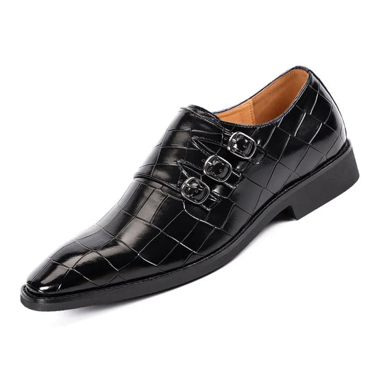 Men's Casual Business Oxford Loafers, Leather 3-Buckle Design, Square Toe Dress Shoes & Office Wear