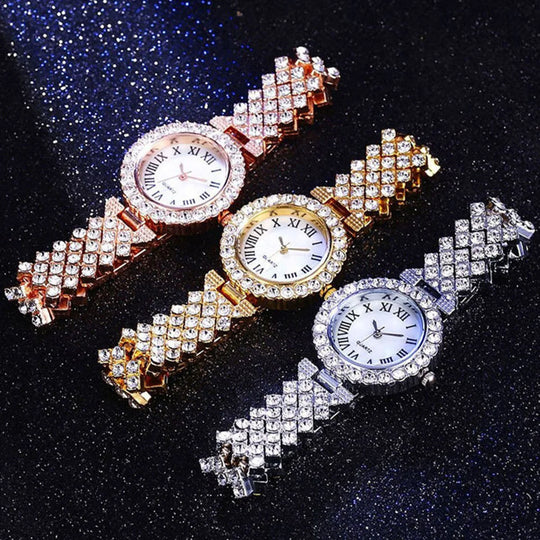 "2024 Women's Watch Set -  Luxury Brand, Watch and Bracelet Combo, Diamond and Rose Band"