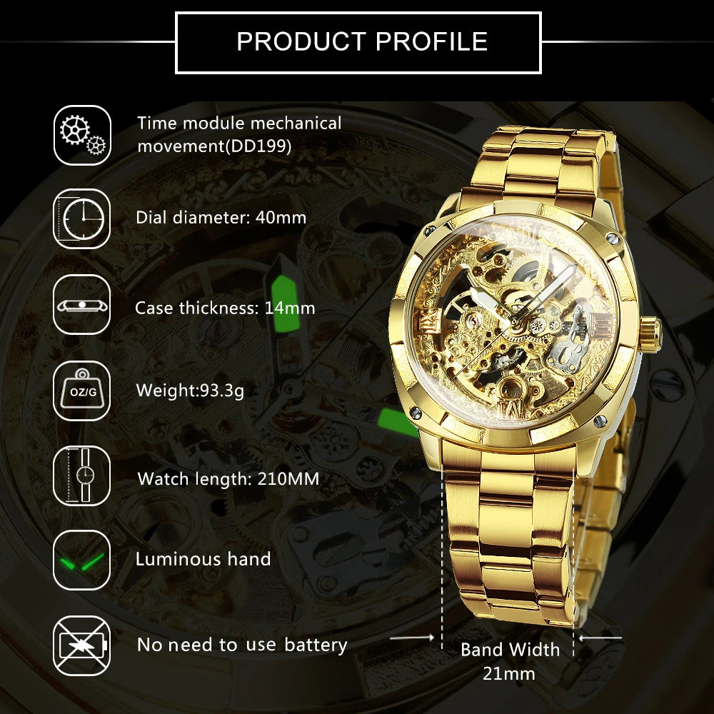 Forsining Square Skeleton Mechanical Watches Luxury Engraved Movement Retro Automatic Watch for Men Steel Strap Luminous Hands