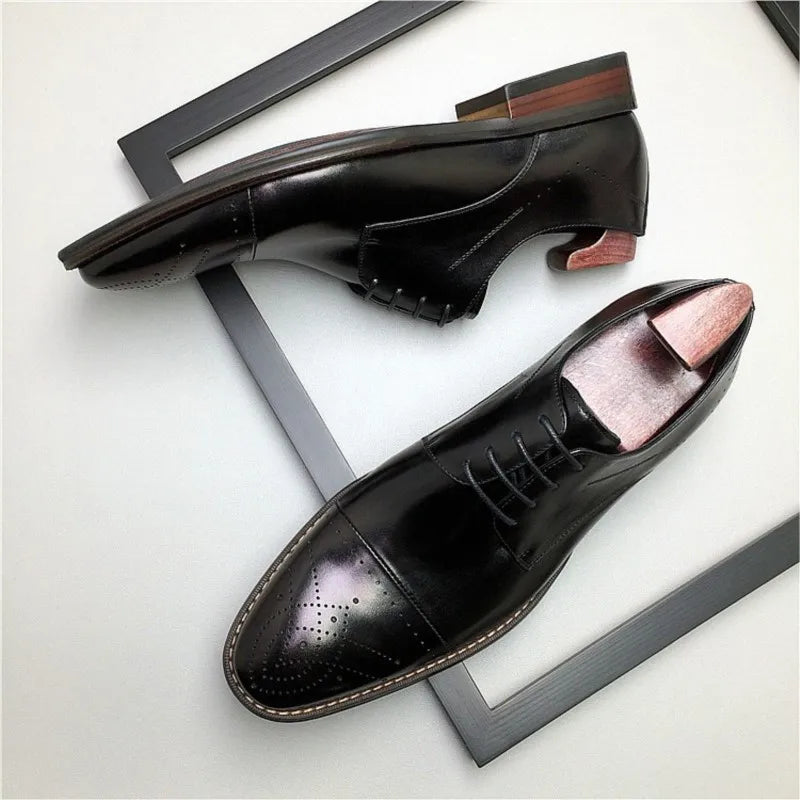 Men's Brogue Dress Shoes, Fashionable Genuine Leather, Round Head Lace-Up Business Shoes, Formal in Black and Brown Colors