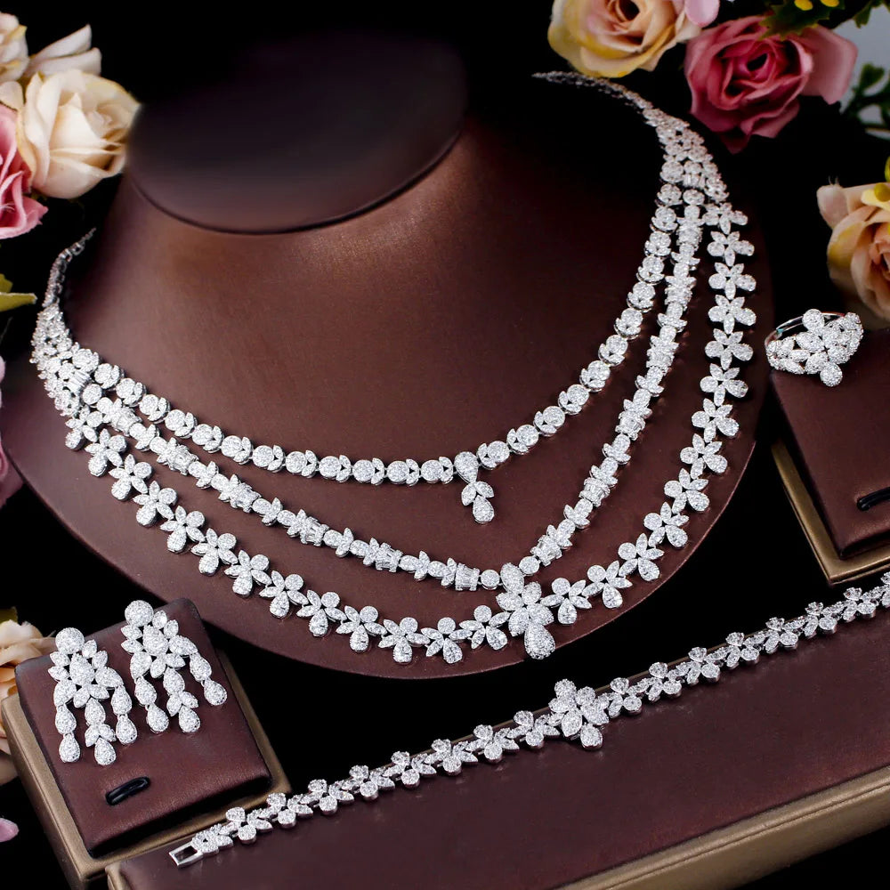 4pcs Full Luxury Multi Layered Triple Big Necklace Dubai Nigerian Wedding Jewelry Sets for Brides