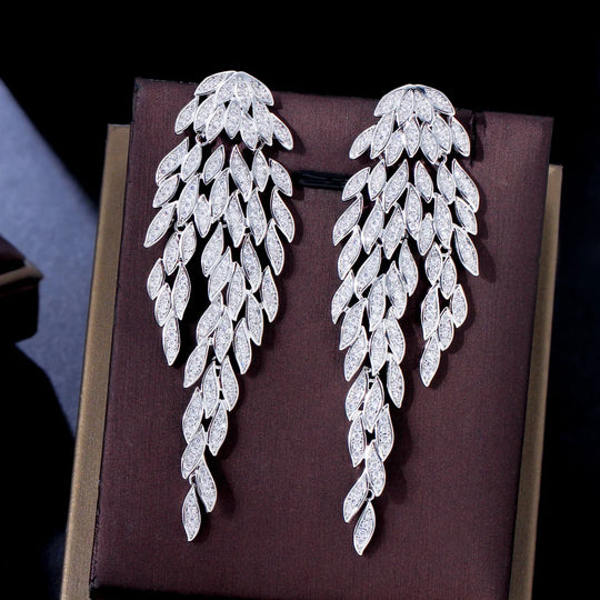 Exaggerated Luxury Big Long Tassel Feather Drop Dangle Earrings for Women Chunky Wedding Party Jewelry Gifts