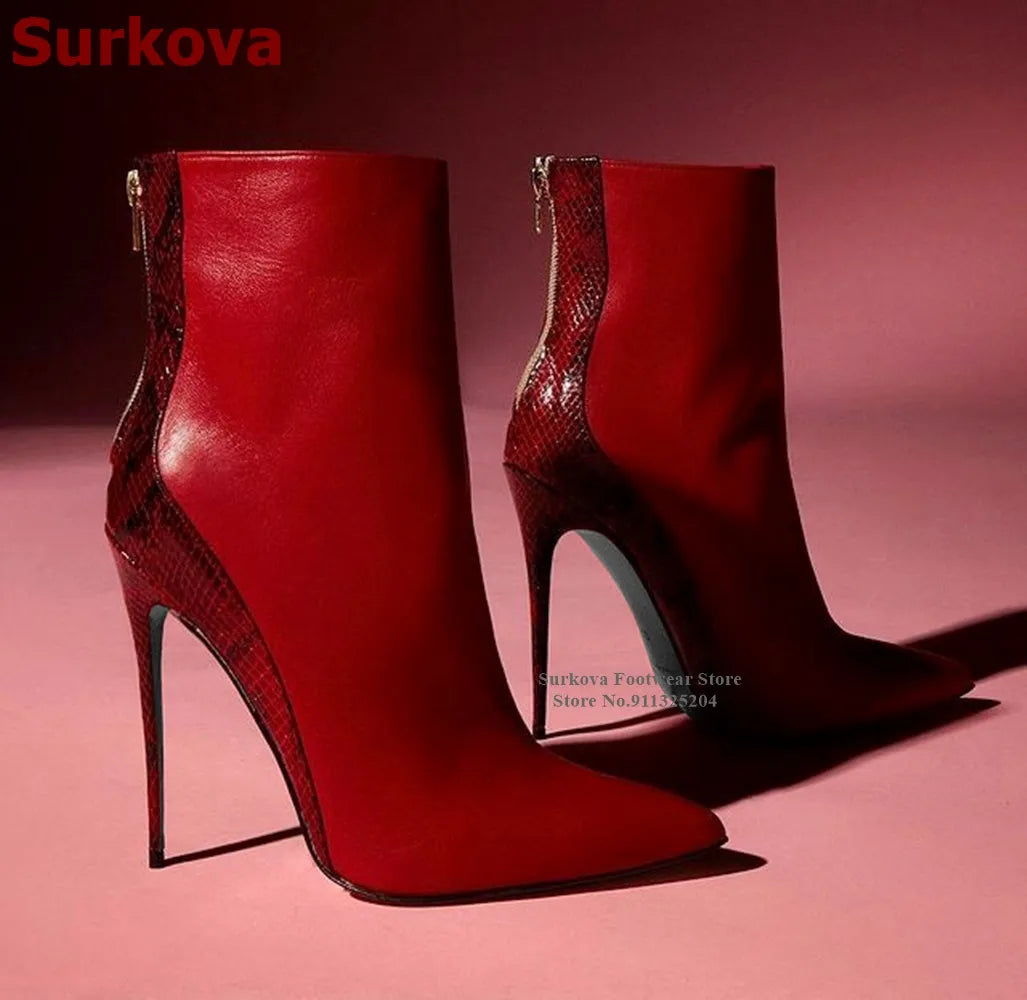 Surkova 2024 Red Snakeskin Patchwork Suede Pointed Toe Ankle Boots Women Python Thin High Heel Short Booties Back Zipper Dress Shoes