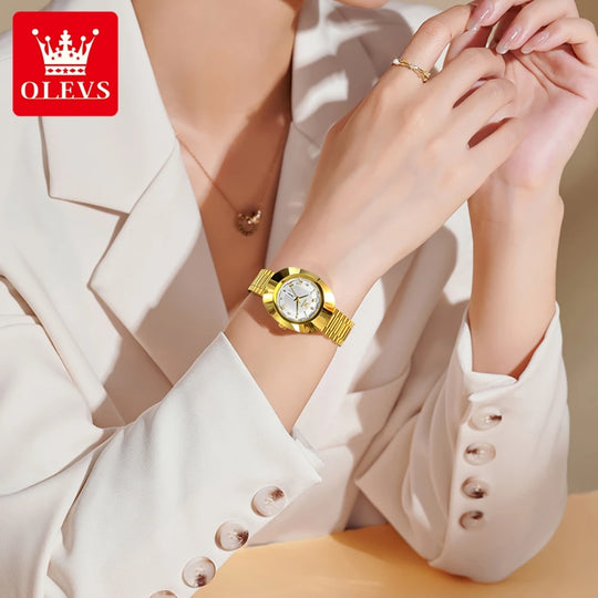 "OLEVS Women's Luxury Watches - Fashionable 30M Waterproof Gold Quartz, Stainless Steel with Dual Calendar Feature"