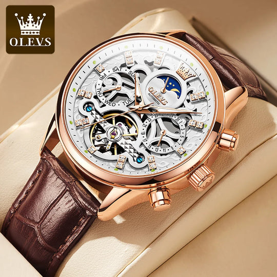 "OLEVS Men's Automatic Mechanical Watch - Waterproof, Hollow-Out Design, Noctilucent Skeleton, Self-Winding Wristwatch"