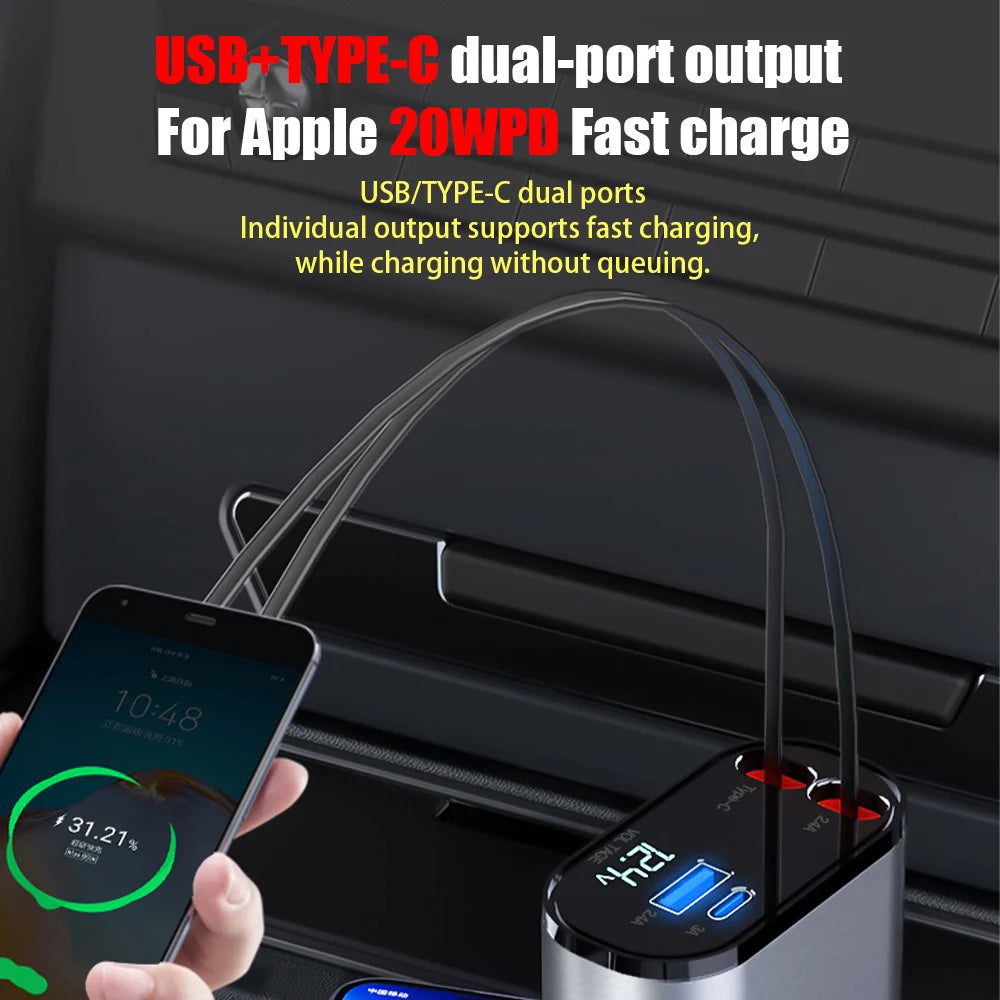 100W 4 in 1 Flexible Retractable Car Fast Charger for Apple Type C Super Fast Charger Cigarette Lighter Adapter